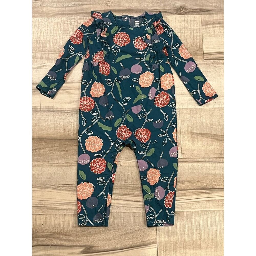 Tea Collection Teal Floral Ruffle Top Long Sleeve Snap Onesie size 12-18 months